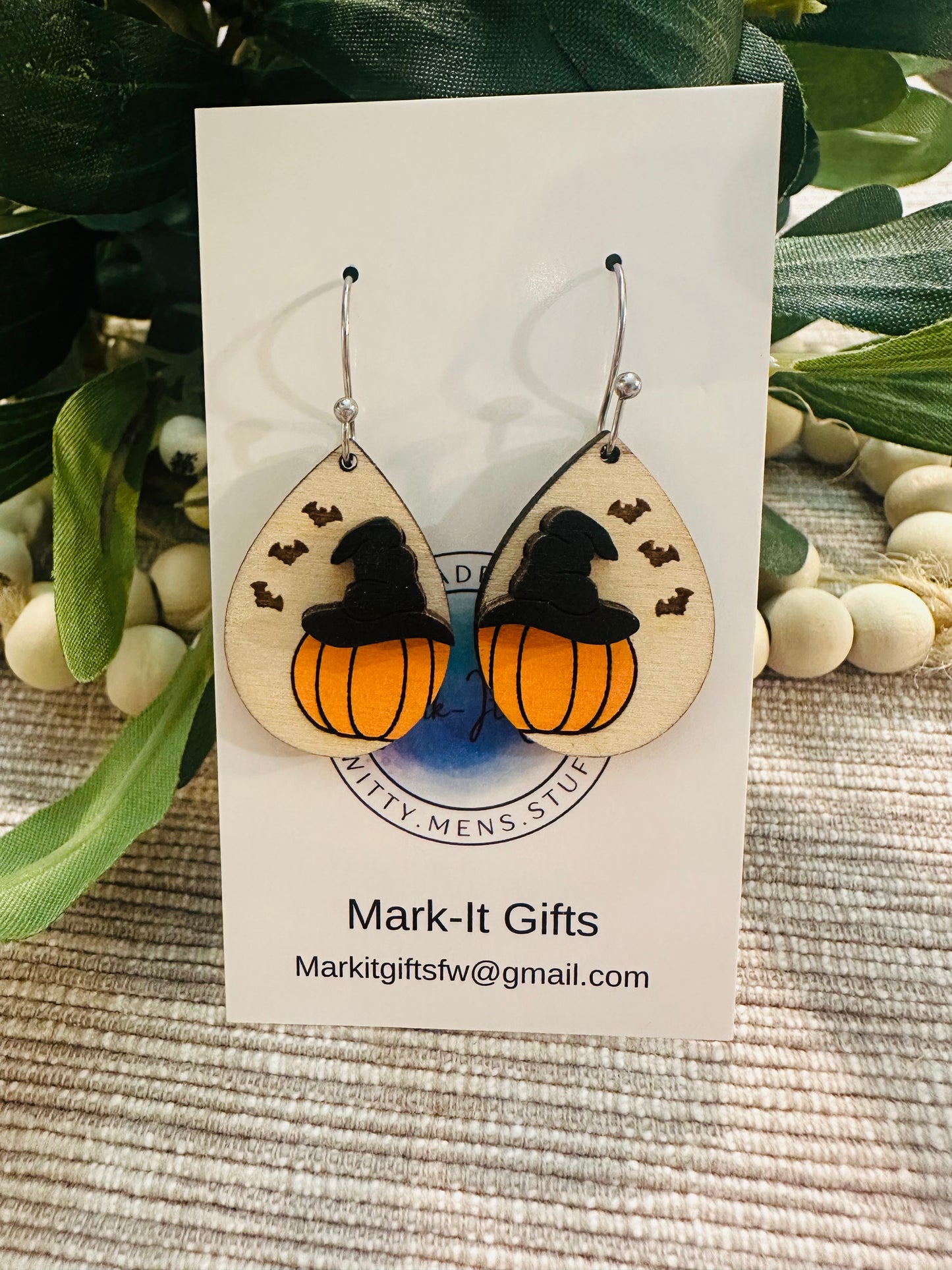 Pumpkin Witch And Bats Earrings