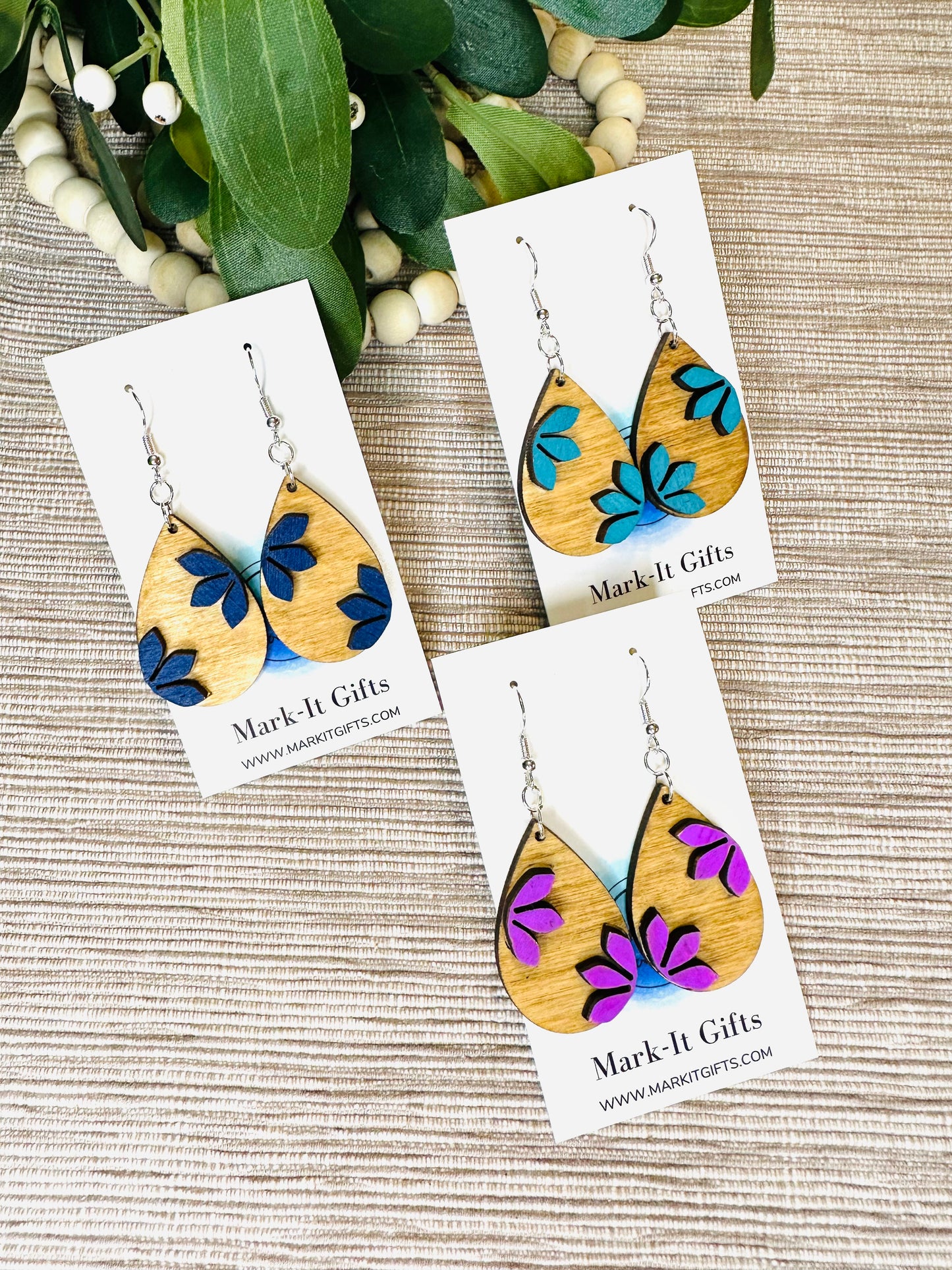 Dimensional Floral Wooden Teardrops Earrings