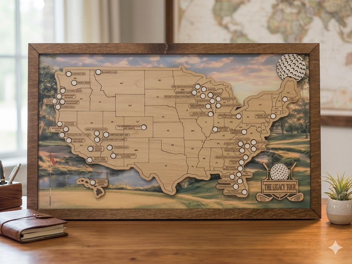 Wooden map of the United States with engraved golf course locations with markers to track courses visited on a wooden surface.