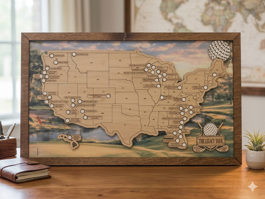 Wooden map of the United States with engraved golf course locations with markers to track courses visited on a wooden surface.
