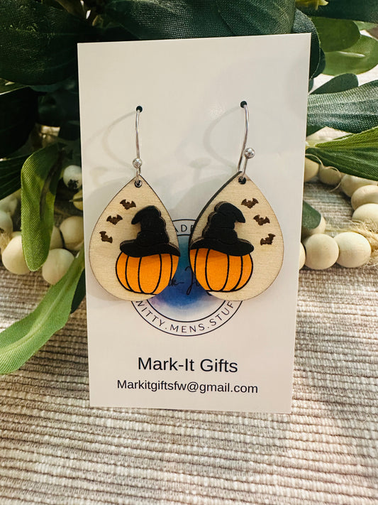 Pumpkin Witch And Bats Earrings
