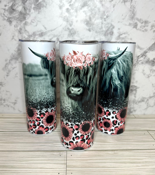 Highland Cow Pink Flower Tumbler